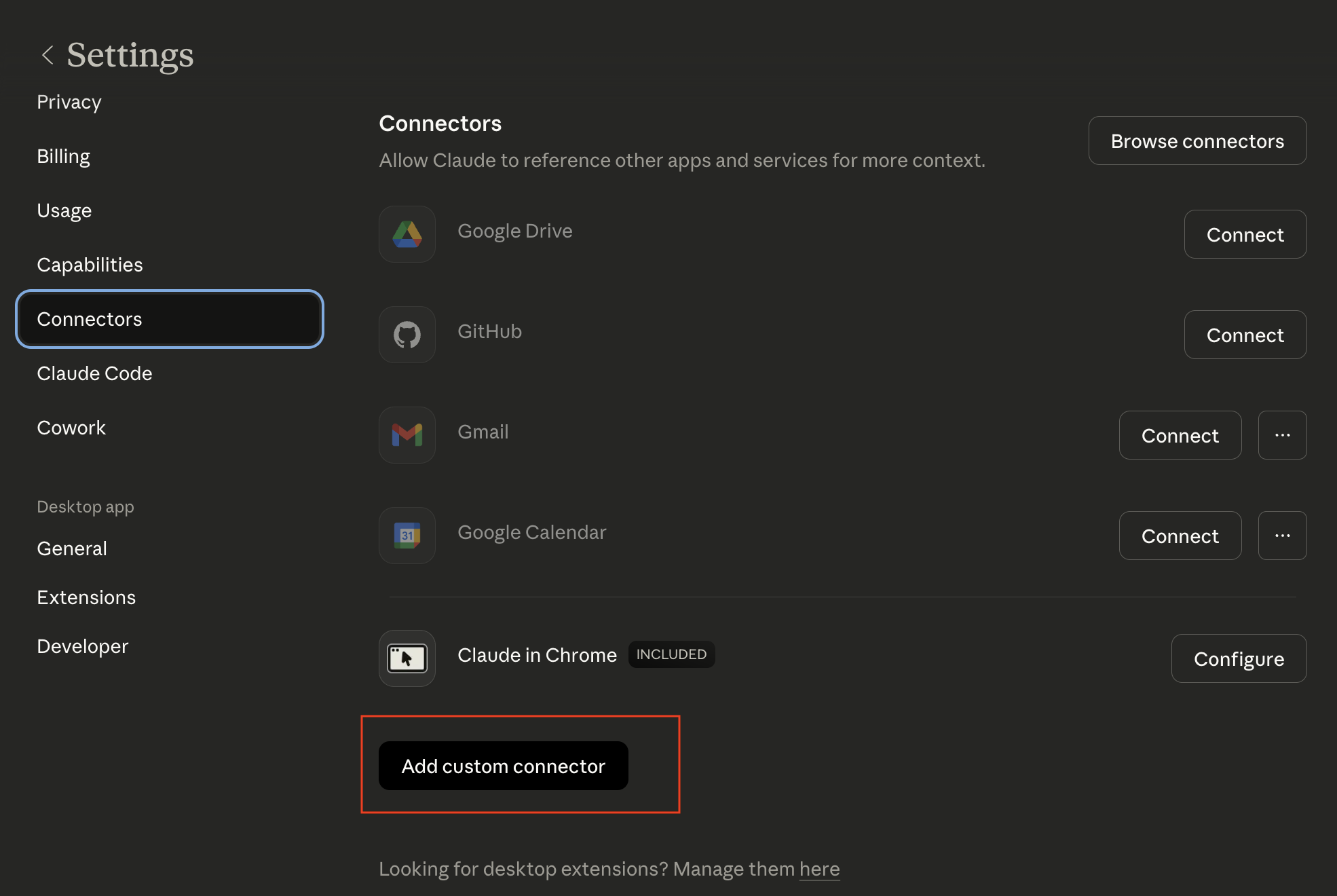 Claude Settings showing the Connectors tab with Add custom connector button