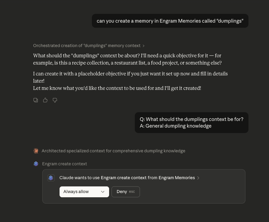 Claude creating an Engram memory with permission prompt showing Always allow and Deny options